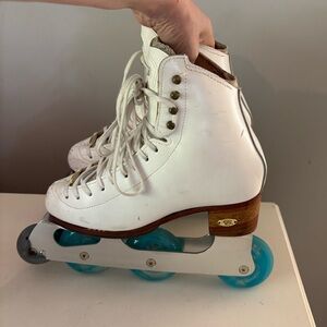 Riedell White Leather Figure Skate Boot with Roller blades, Size 4 US